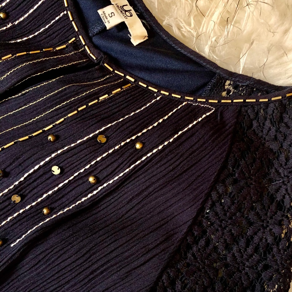 Mid Length Semi Formal Navy Dress w/ Gold Accents